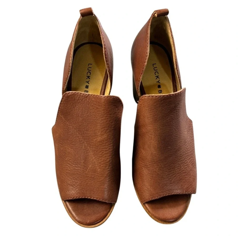 Lucky Brand Junai Brown Leather Peep Toe Cutout 3" Block Heel Booties Size 7M - Picture 1 of 16